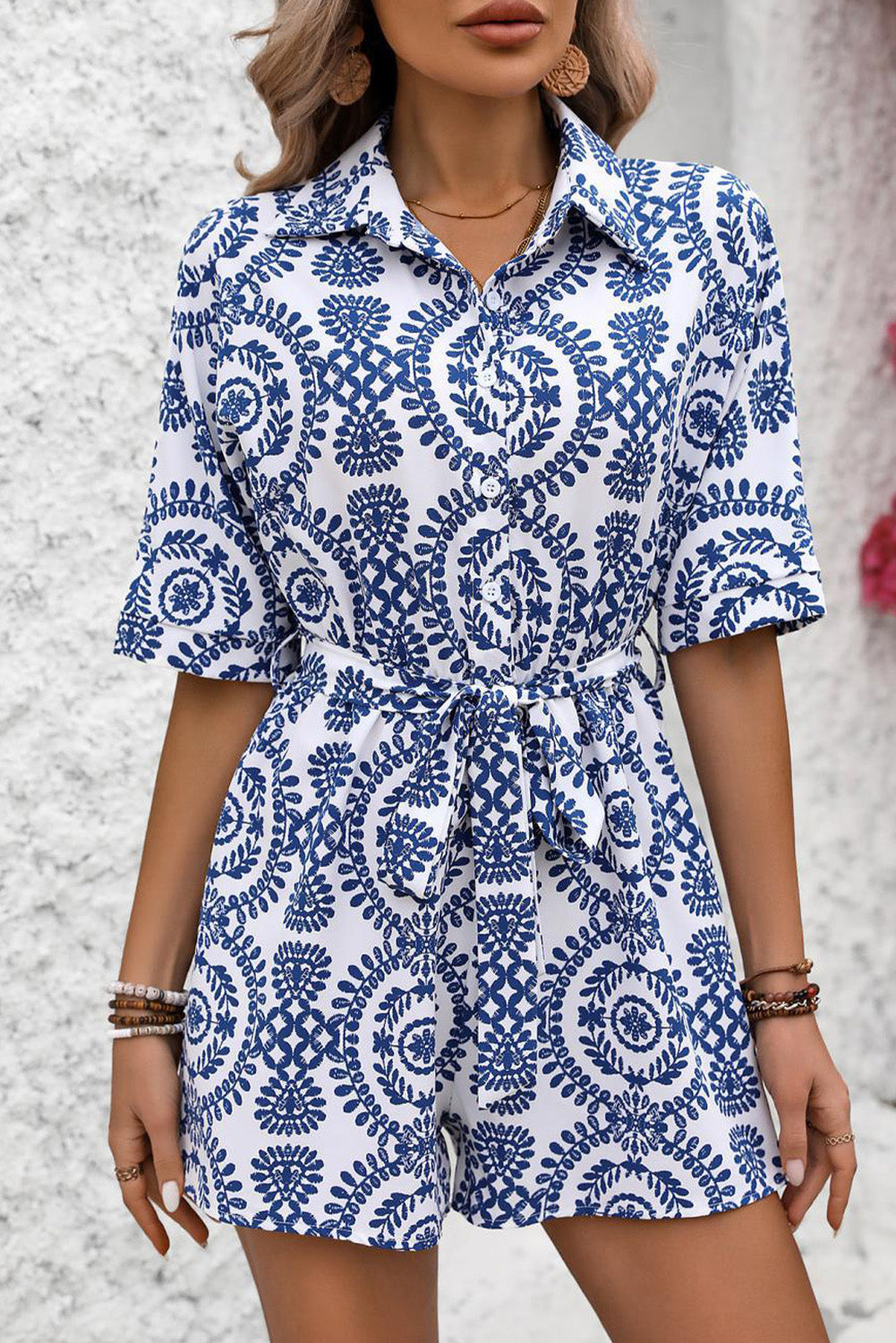 Tied Printed Short Sleeve Romper-TOPS / DRESSES-[Adult]-[Female]-2022 Online Blue Zone Planet