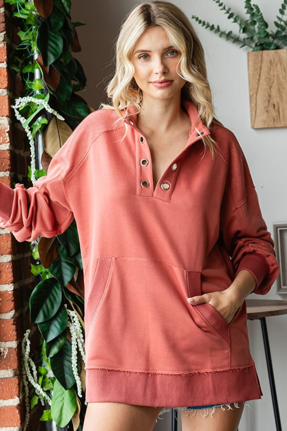 First Love Grommet Split Neck Kangaroo Pocket Sweatshirt-TOPS / DRESSES-[Adult]-[Female]-Marsala-S-2022 Online Blue Zone Planet