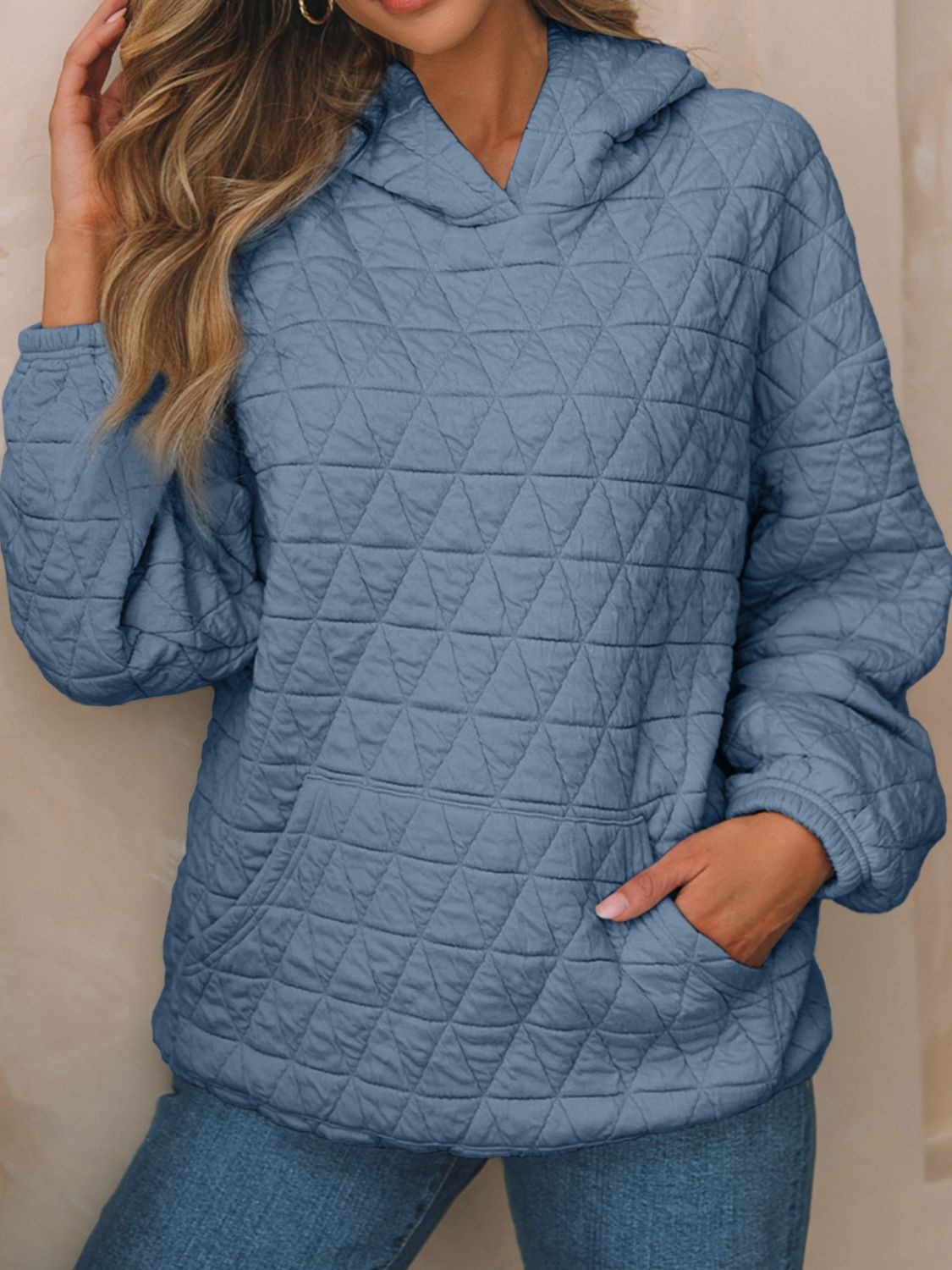 Textured Long Sleeve Hoodie with Pockets-TOPS / DRESSES-[Adult]-[Female]-Dusty Blue-S-2022 Online Blue Zone Planet