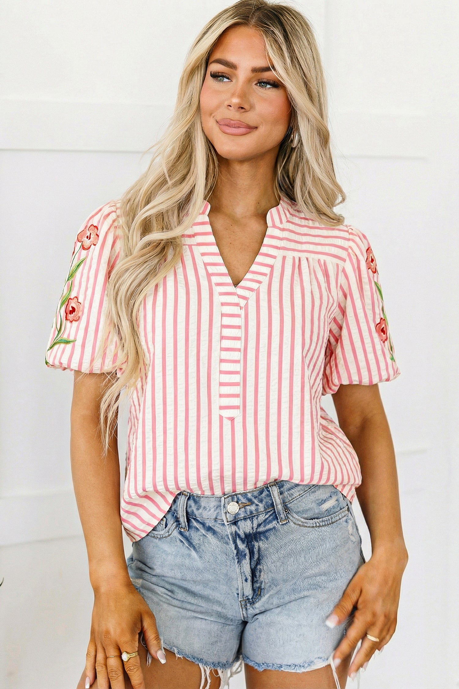 Pink Stripe Print Floral Embroidered Puff Sleeve V Neck Blouse-Tops/Blouses & Shirts-[Adult]-[Female]-Pink-S-2022 Online Blue Zone Planet