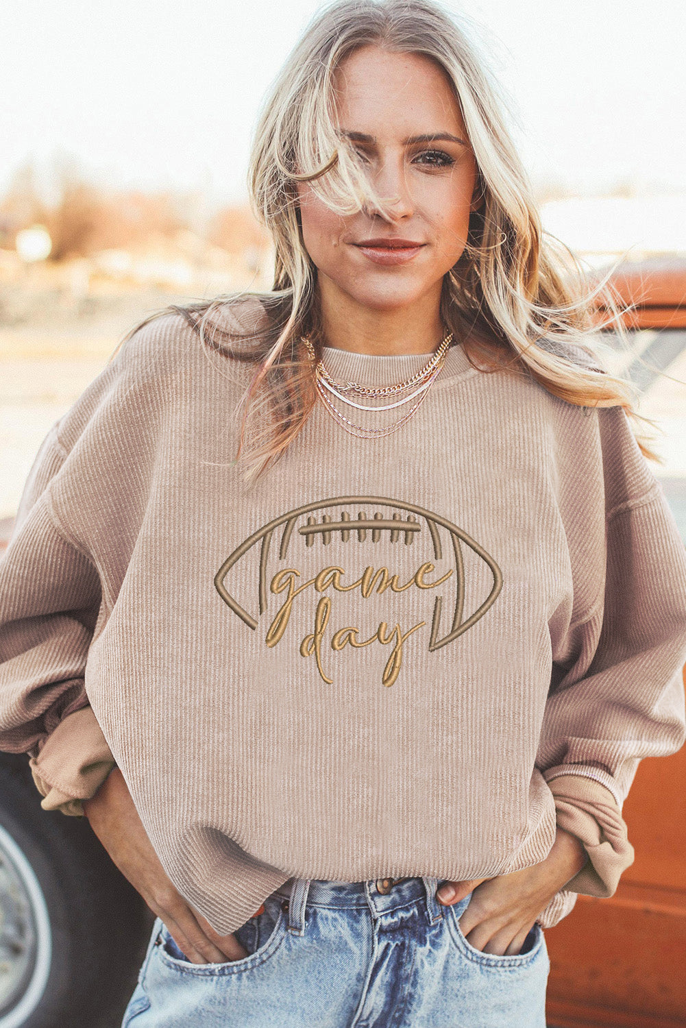 Apricot Rugby Game Day Embroidered Corduroy Sweatshirt-Graphic/Graphic Sweatshirts-[Adult]-[Female]-2022 Online Blue Zone Planet