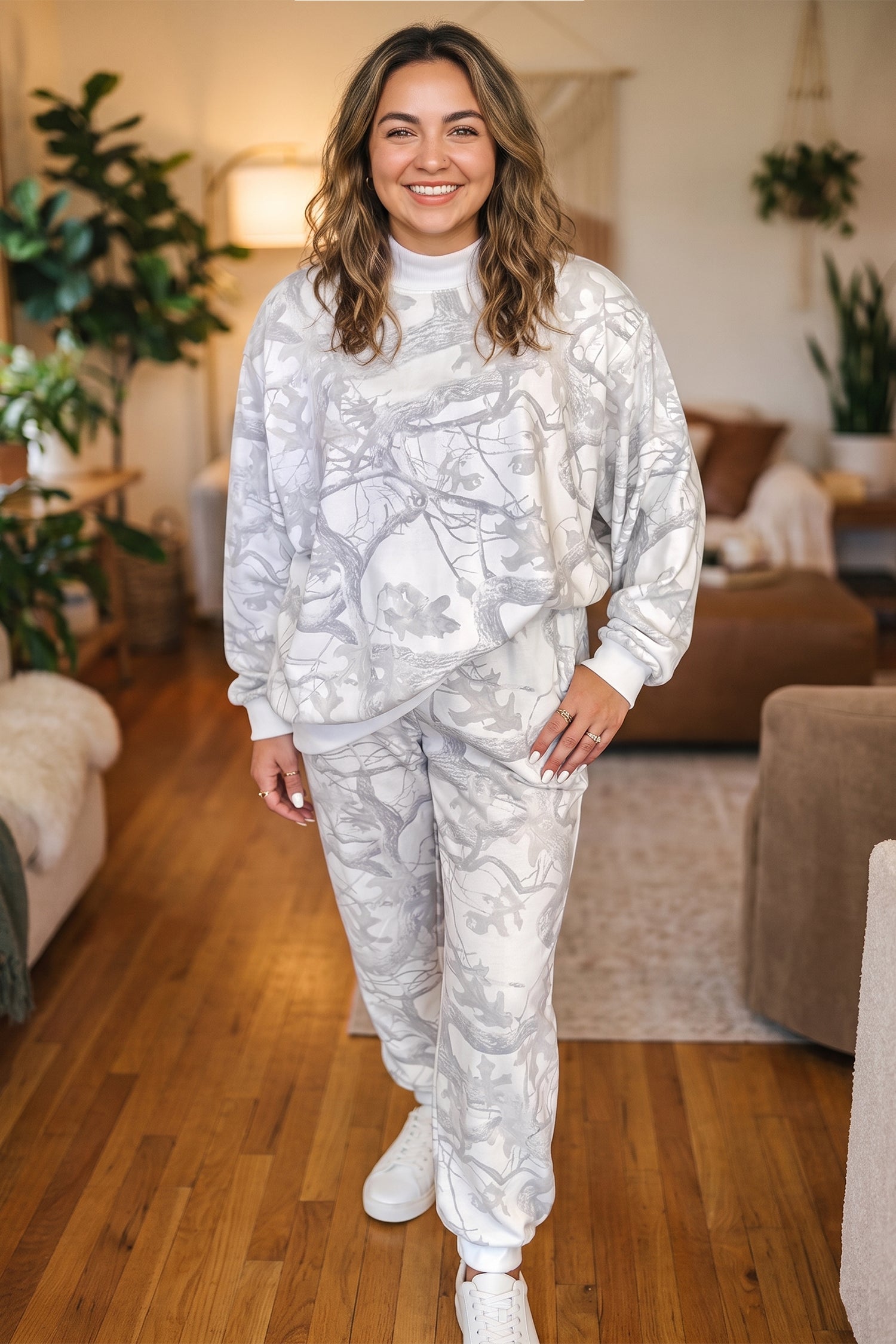 Gray Camouflage Print Stand Neck Long Sleeve Regular Fit Plus Size Set-Plus Size/Plus Size Loungewear-[Adult]-[Female]-2022 Online Blue Zone Planet