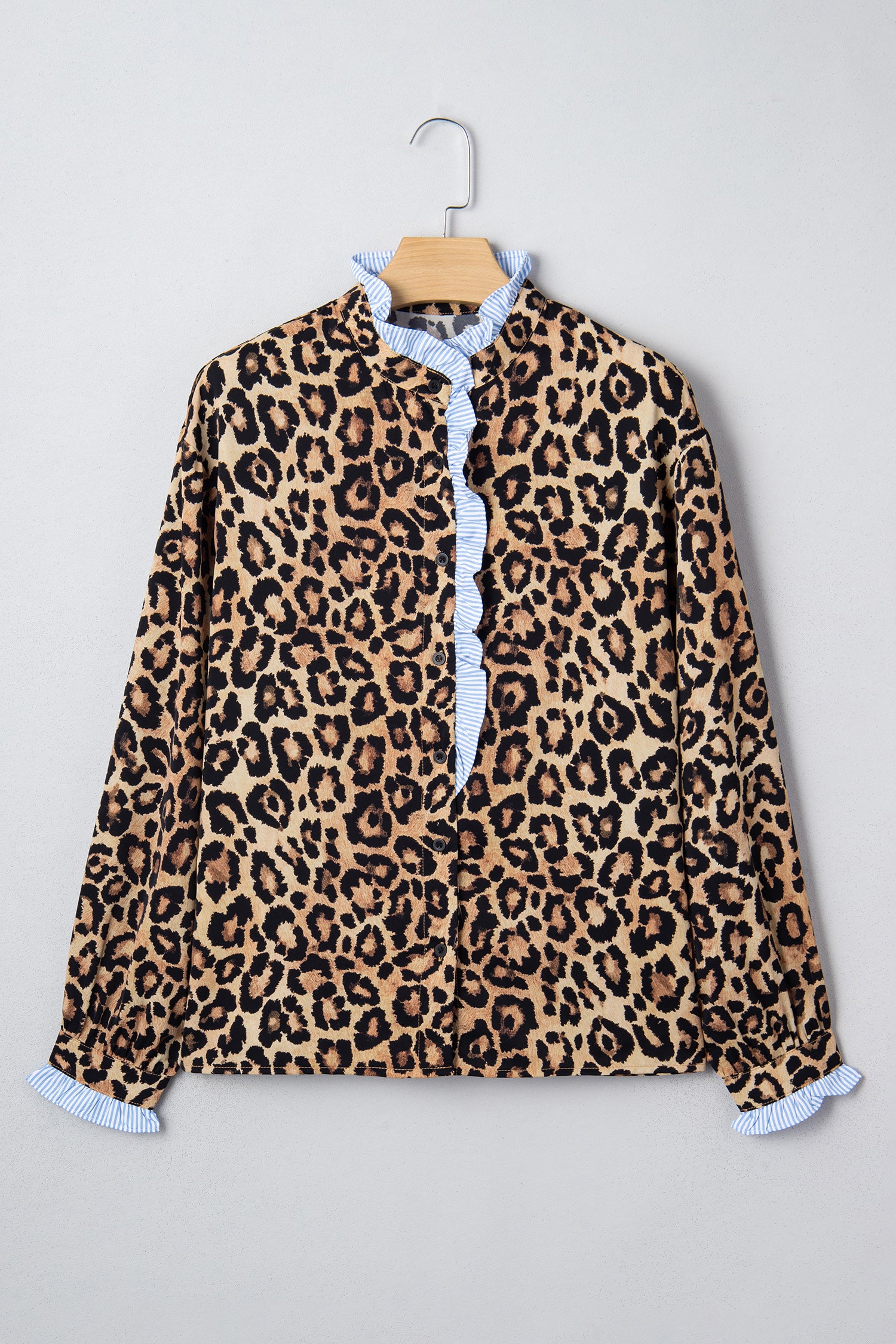 Brown Wild Leopard Print Contrast Striped Frilled Trim Chic Shirt-Tops/Blouses & Shirts-[Adult]-[Female]-2022 Online Blue Zone Planet