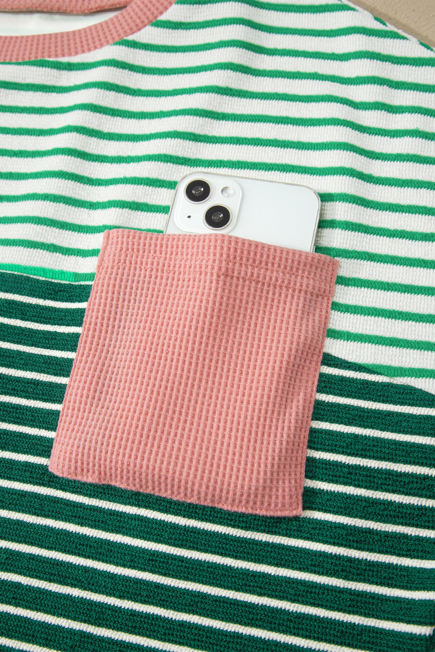Green Stripe Contrast Print Color Block Detail Relaxed Tee-Tops/Tops & Tees-[Adult]-[Female]-2022 Online Blue Zone Planet