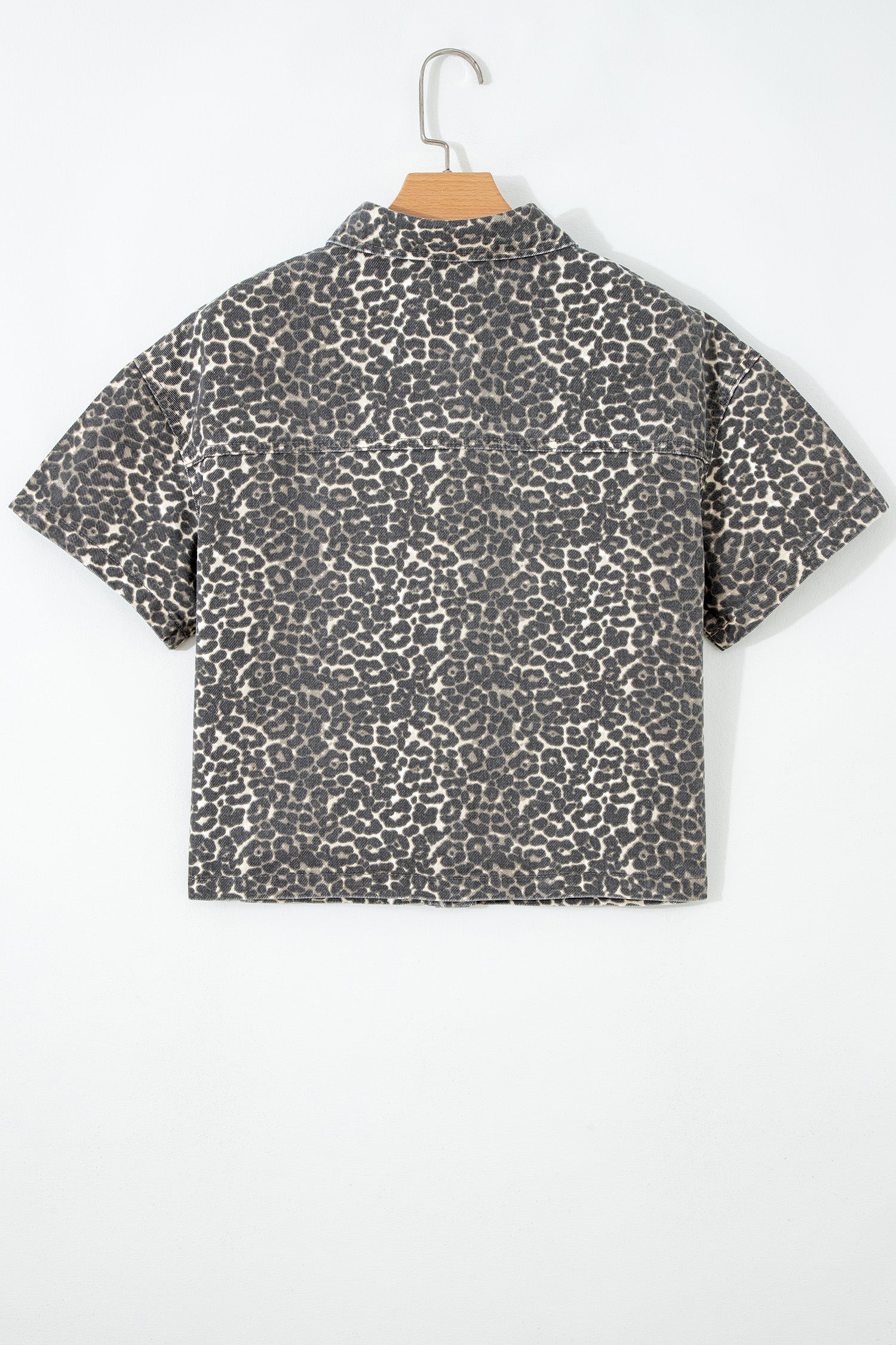 Gray Vintage Leopard Print Short Sleeve Loose Cotton Denim Shirt-Tops/Blouses & Shirts-[Adult]-[Female]-2022 Online Blue Zone Planet