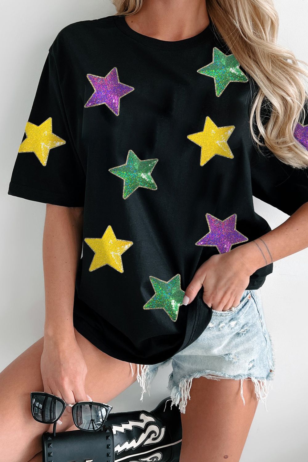 Sequin Stars Patched Round Neck T-Shirt-TOPS / DRESSES-[Adult]-[Female]-Black-M-2022 Online Blue Zone Planet