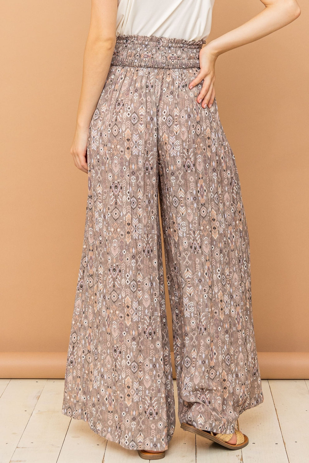 Blue Zone Planet | And The Why Printed Smocked Waist Slit Wide Leg Pants-BOTTOMS SIZES SMALL MEDIUM LARGE-[Adult]-[Female]-2022 Online Blue Zone Planet