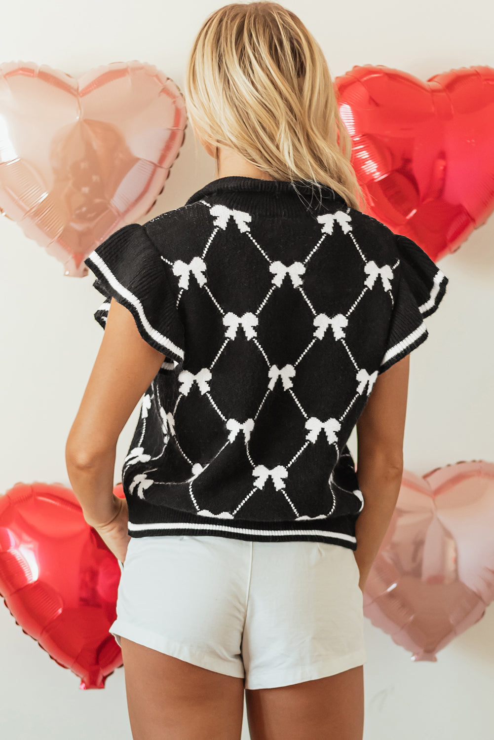 Black Preppy Vibes Bow Print Zipped Collar Sweater Tee-TOPS / DRESSES-[Adult]-[Female]-2022 Online Blue Zone Planet