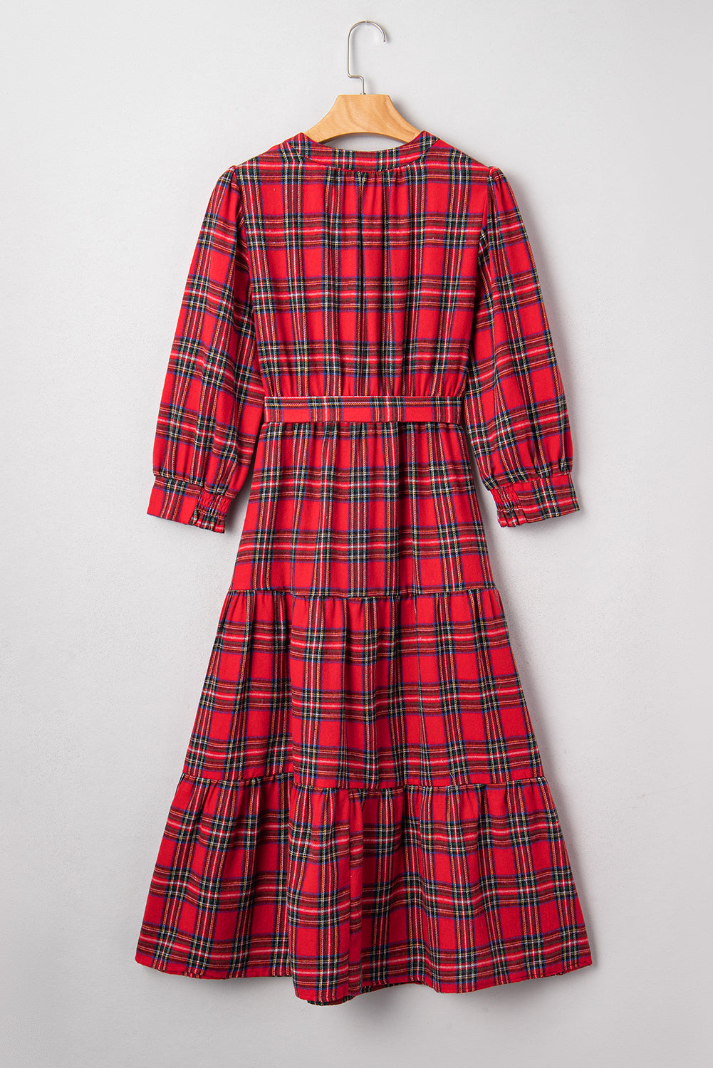 Red Christmas Plaid V Neck 3/4 Sleeve Tie Waist Ruffle Hem Long Dress Red / XL / 59%Polyester+41%Cotton