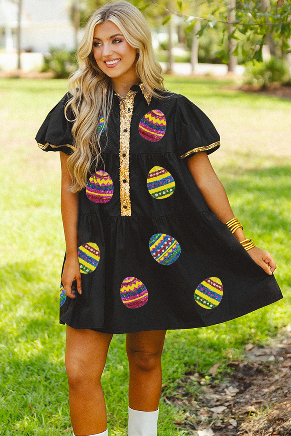 Black Glistening Easter Egg Sequin Trim Half Button Puff Sleeve Dress-Graphic/Graphic Dresses-[Adult]-[Female]-2022 Online Blue Zone Planet