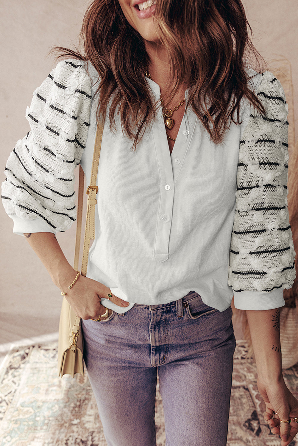 White Button Placket 3/4 Striped Sleeve Patchwork Rib Knit Top-Tops/Long Sleeve Tops-[Adult]-[Female]-2022 Online Blue Zone Planet