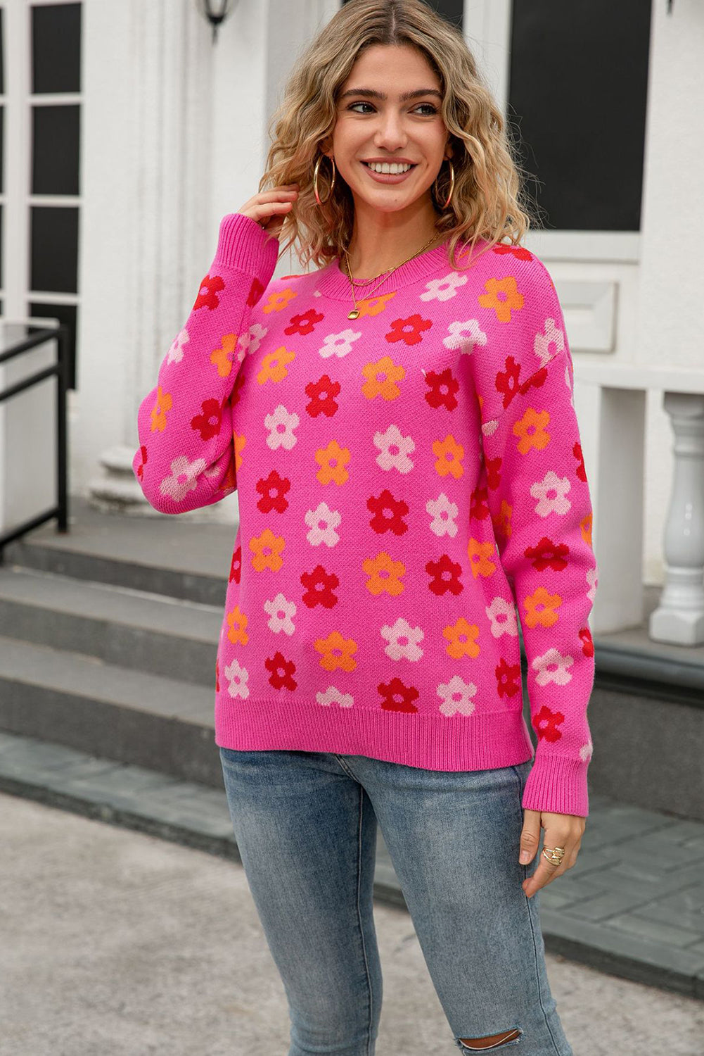 Rose Cute Flower Allover Ribbed Trimmed Drop Shoulder Pullover Sweater-TOPS / DRESSES-[Adult]-[Female]-2022 Online Blue Zone Planet