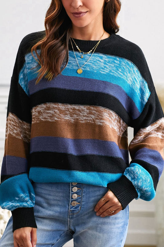 Contrast Striped Round Neck Drop Shoulder Sweater-TOPS / DRESSES-[Adult]-[Female]-Blue-S-2022 Online Blue Zone Planet