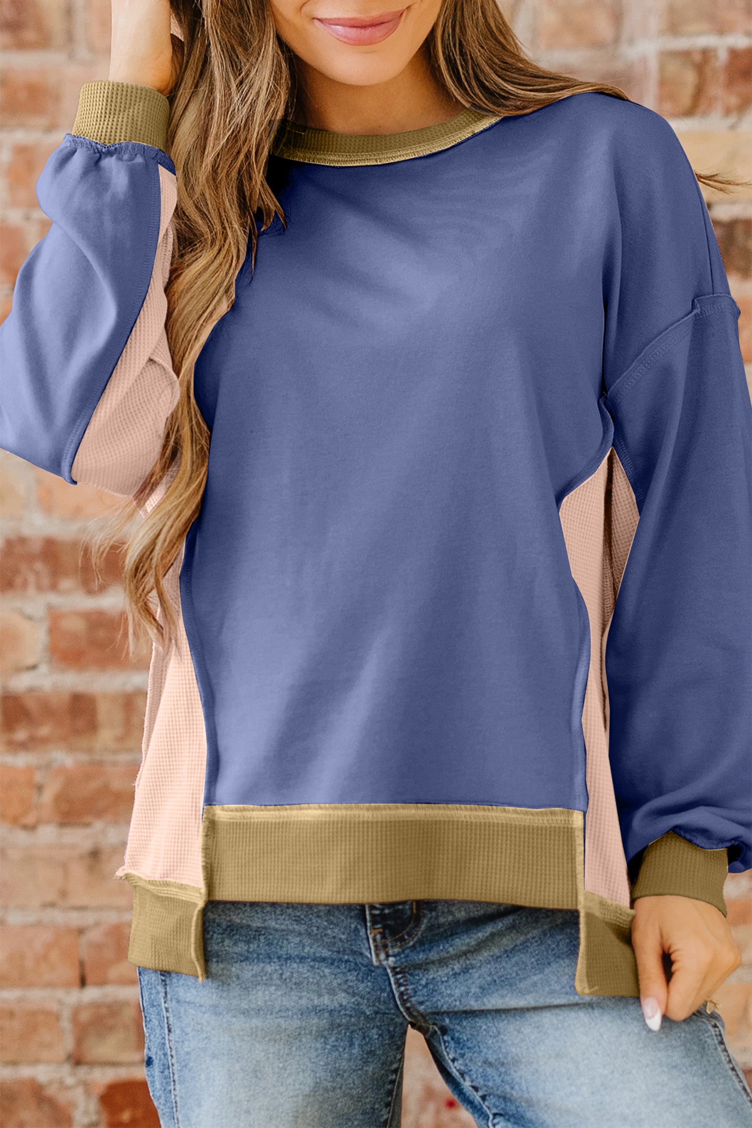 Wild Wind Color Block Mix Texture Waffle Patchwork Oversize Sweatshirt-Tops/Sweatshirts & Hoodies-[Adult]-[Female]-2022 Online Blue Zone Planet