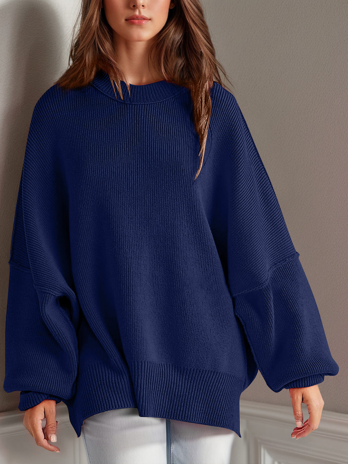 Blue Zone Planet | Double Take Side Slit Round Neck Long Sleeve Sweater-TOPS / DRESSES-[Adult]-[Female]-Dark Blue-S-2022 Online Blue Zone Planet