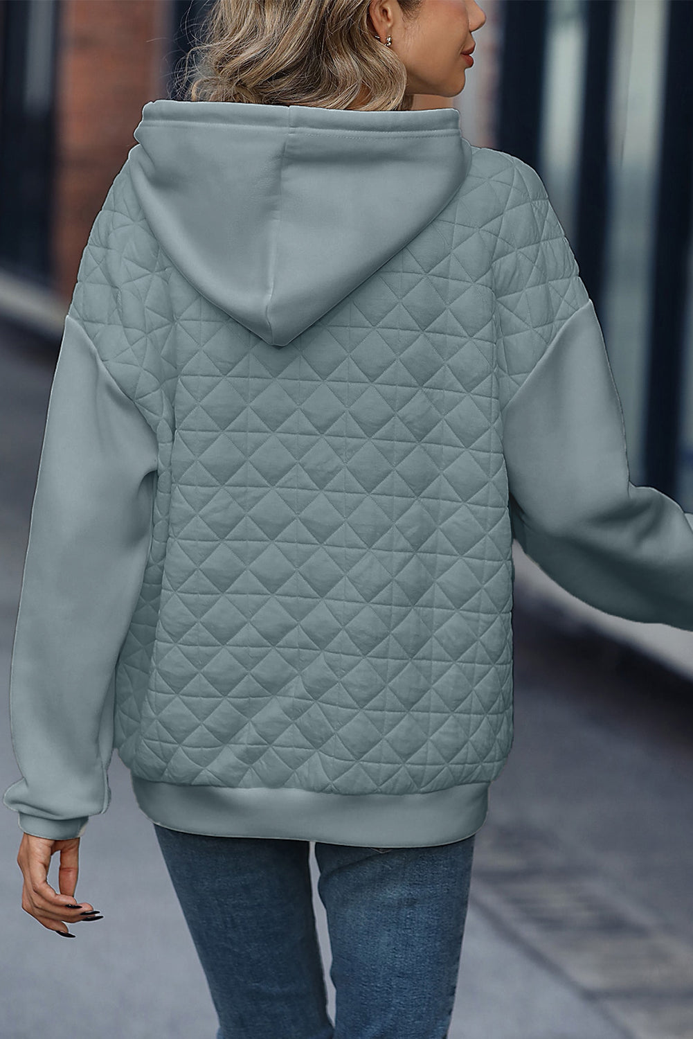 Light Grey Drop Shoulder Quilted Patchwork Kangaroo Pocket Hoodie-Tops/Sweatshirts & Hoodies-[Adult]-[Female]-2022 Online Blue Zone Planet