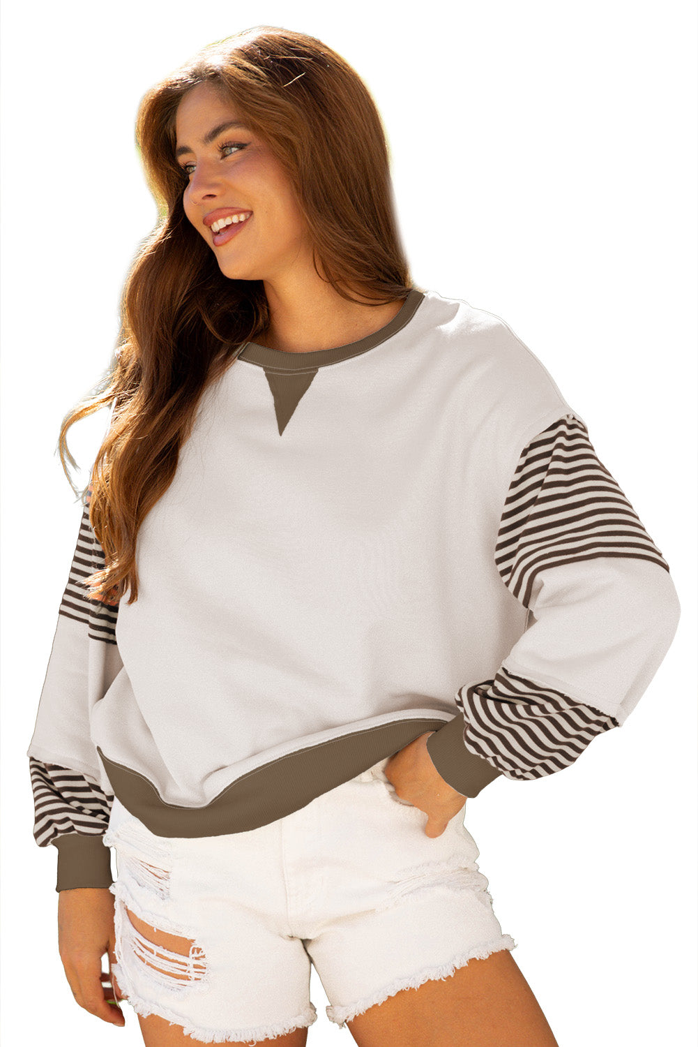 Parchment Striped Colorblock Patchwork Drop Shoulder Sweatshirt-Tops/Sweatshirts & Hoodies-[Adult]-[Female]-2022 Online Blue Zone Planet