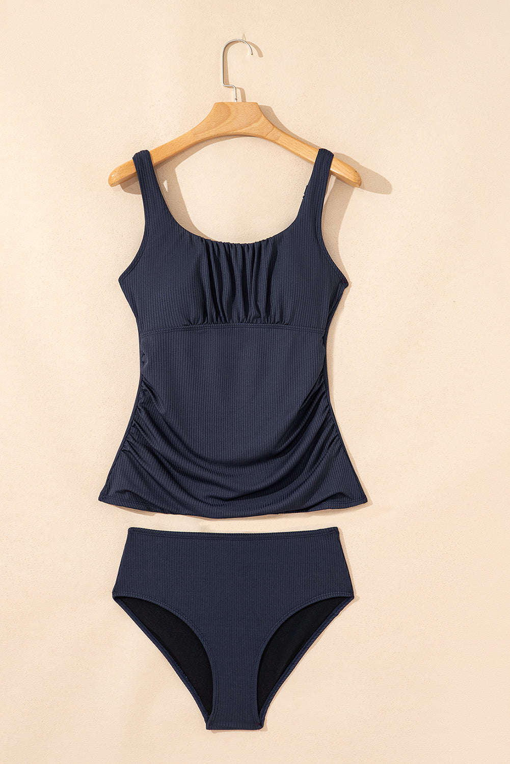 Navy Blue Ruched U Neck Ribbed Tankini-Swimwear/Tankinis-[Adult]-[Female]-2022 Online Blue Zone Planet