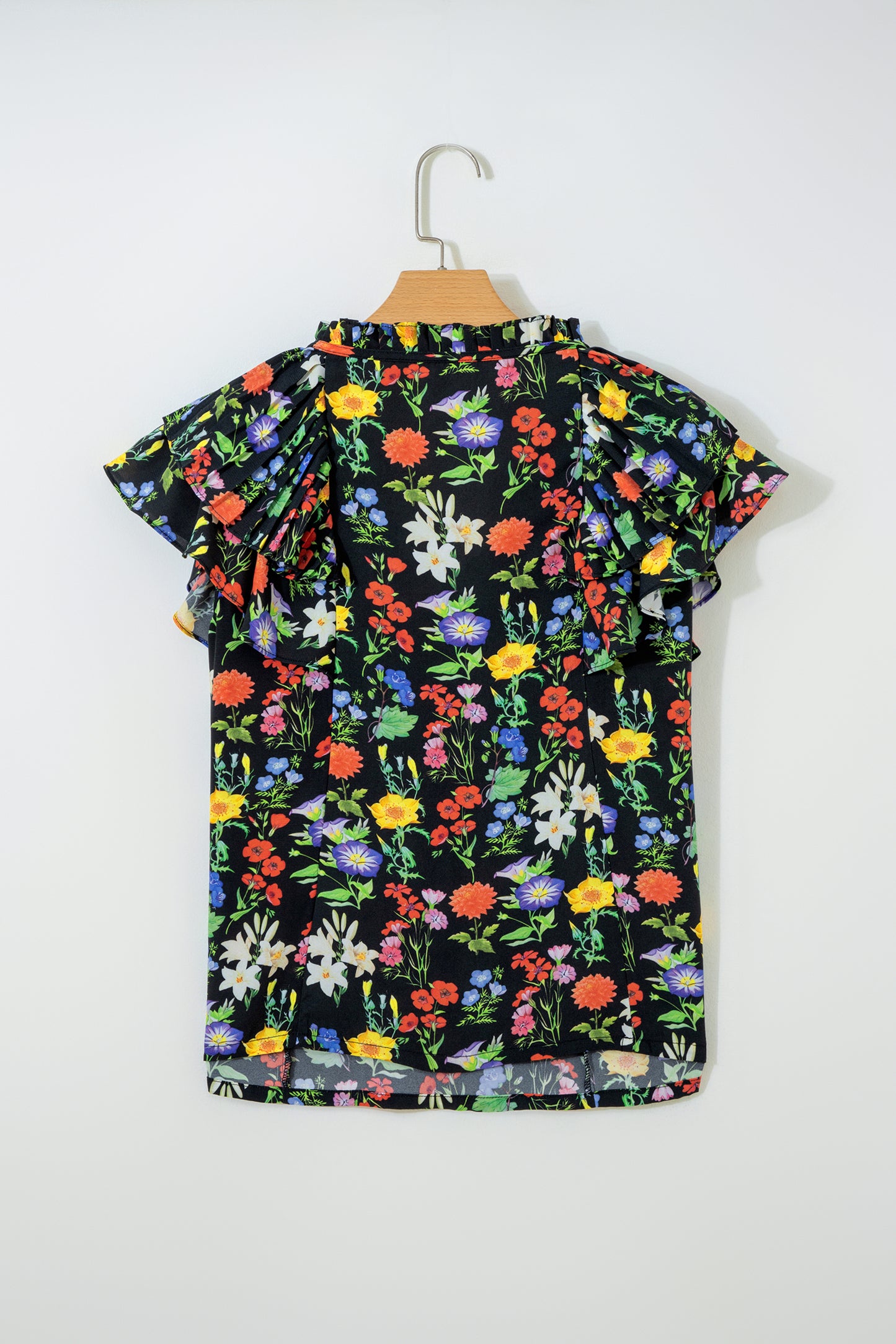 Black Tiered Flutter Sleeve V Neck Flower Blouse-Tops/Blouses & Shirts-[Adult]-[Female]-2022 Online Blue Zone Planet