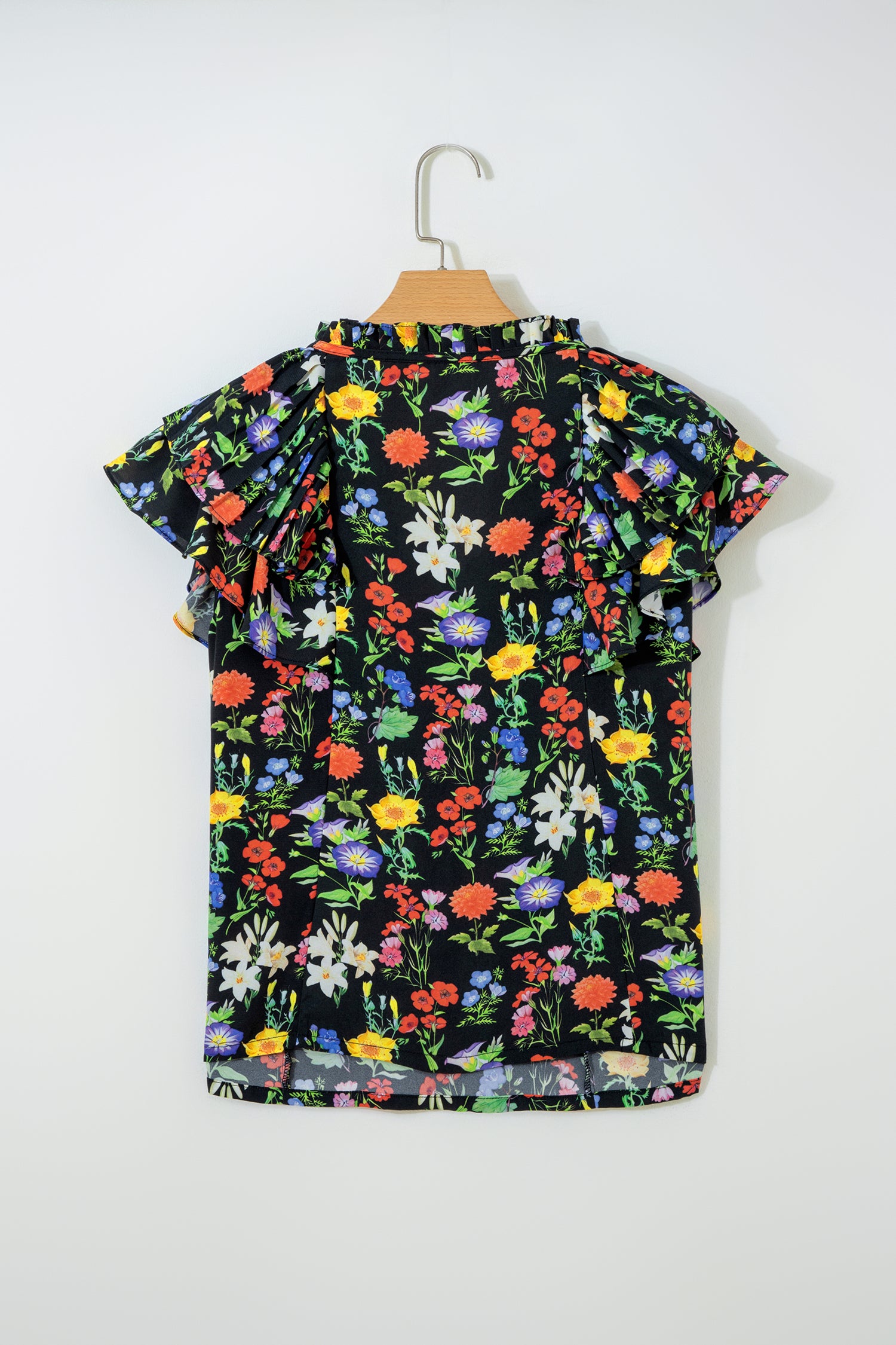 Black Tiered Flutter Sleeve V Neck Flower Blouse-Tops/Blouses & Shirts-[Adult]-[Female]-2022 Online Blue Zone Planet