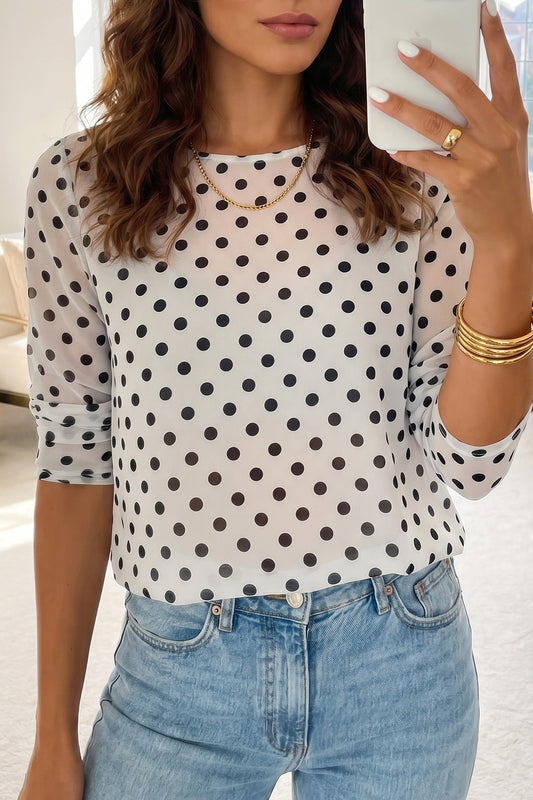 Black Polka Dot Sheer Mesh Long Sleeve Round Neck Shift Blouse-Tops/Long Sleeve Tops-[Adult]-[Female]-Black-S-2022 Online Blue Zone Planet