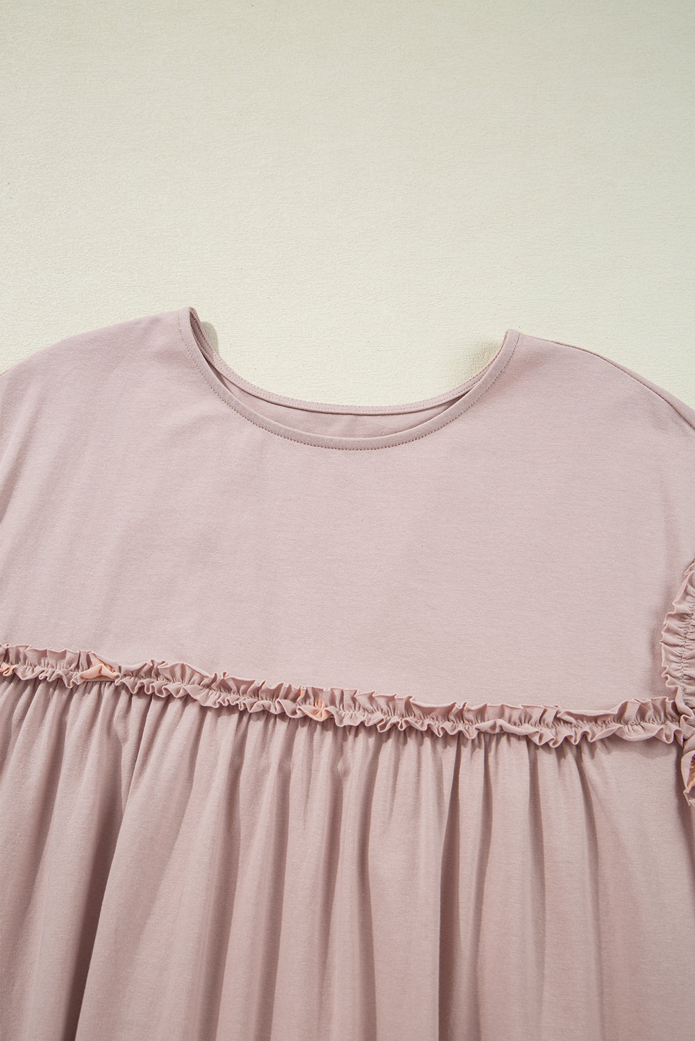 Oatmeal Frilled Trim Crew Neck Loose Fit Mini Dress-TOPS / DRESSES-[Adult]-[Female]-2022 Online Blue Zone Planet