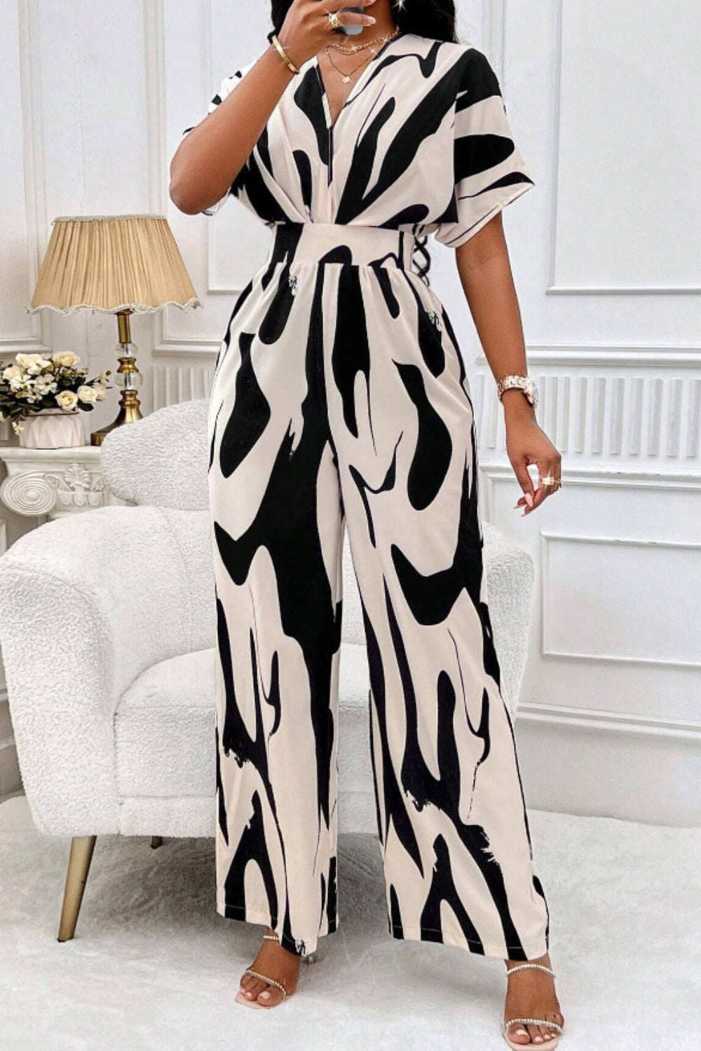 Printed V-Neck Short Sleeve Wide Leg Jumpsuit-TOPS / DRESSES-[Adult]-[Female]-2022 Online Blue Zone Planet