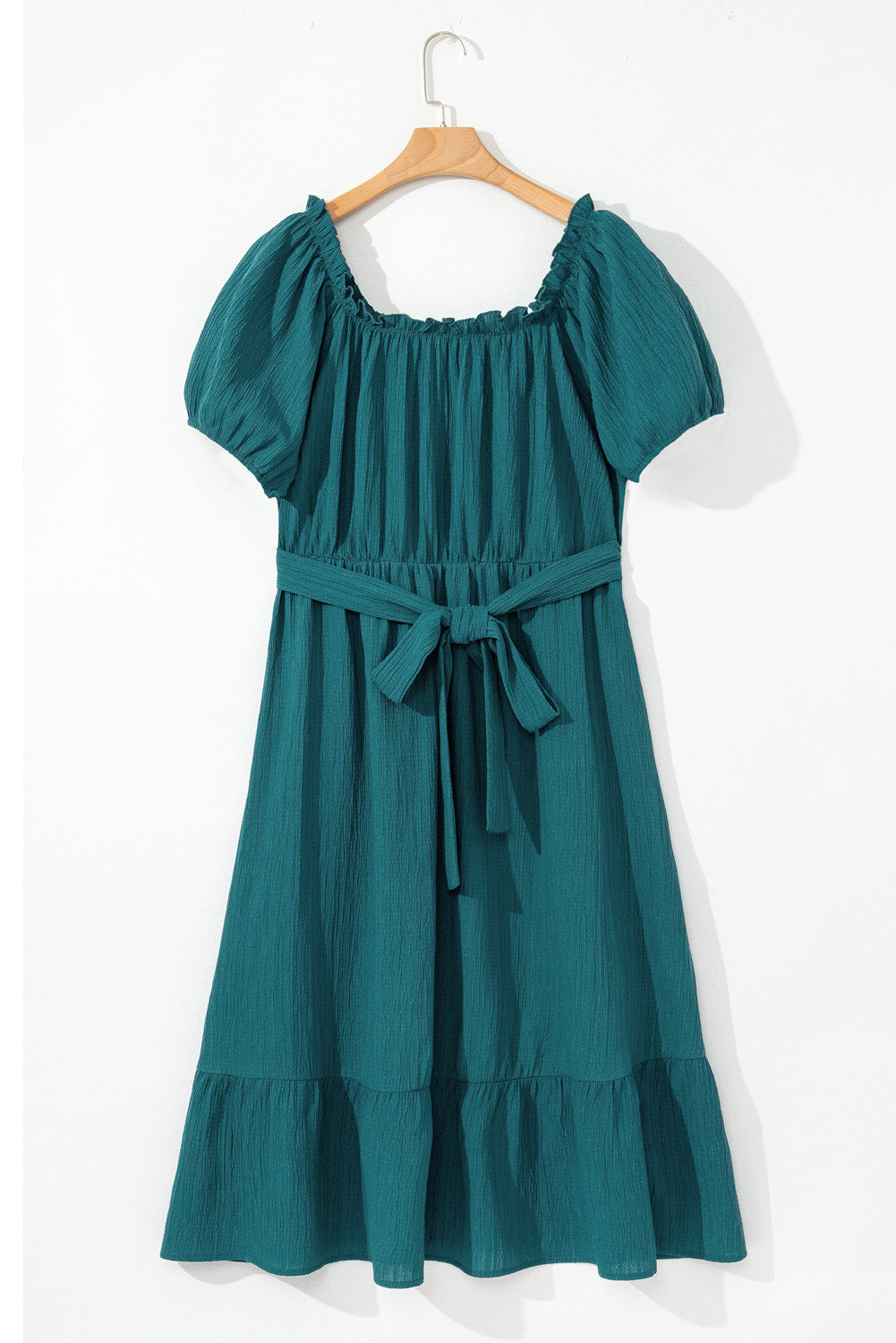 Skobeloff Frilled U Neck Puff Sleeve Belted Ruffle Hem Plus Size Midi Dress-TOPS / DRESSES-[Adult]-[Female]-2022 Online Blue Zone Planet