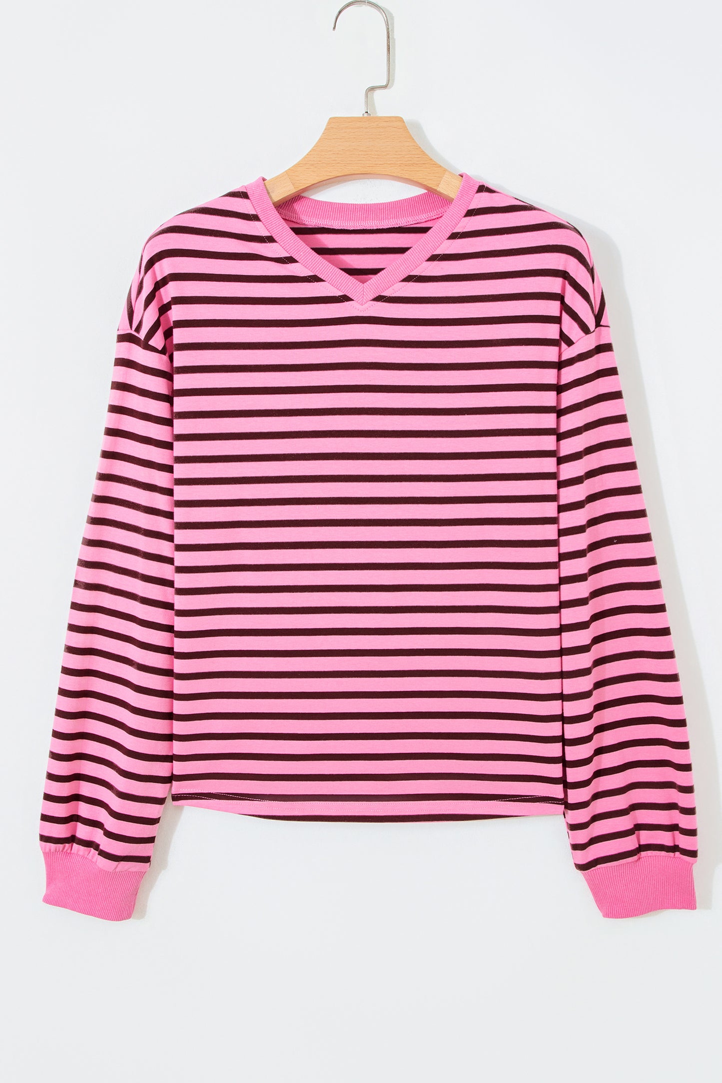 Pink Stripe V Neck Long Sleeve Drop Shoulder Blouse-Tops/Long Sleeve Tops-[Adult]-[Female]-2022 Online Blue Zone Planet
