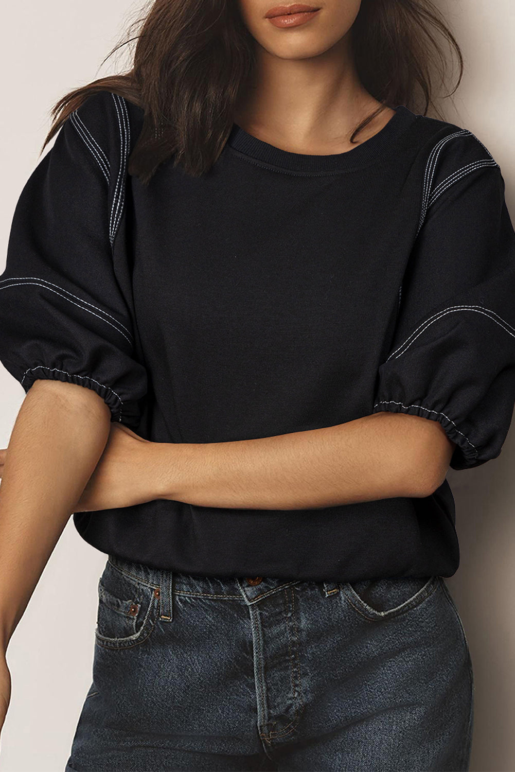 Black Contrast Stitches Detail Puffy Half Sleeve Blouse-Tops/Blouses & Shirts-[Adult]-[Female]-Black-S-2022 Online Blue Zone Planet