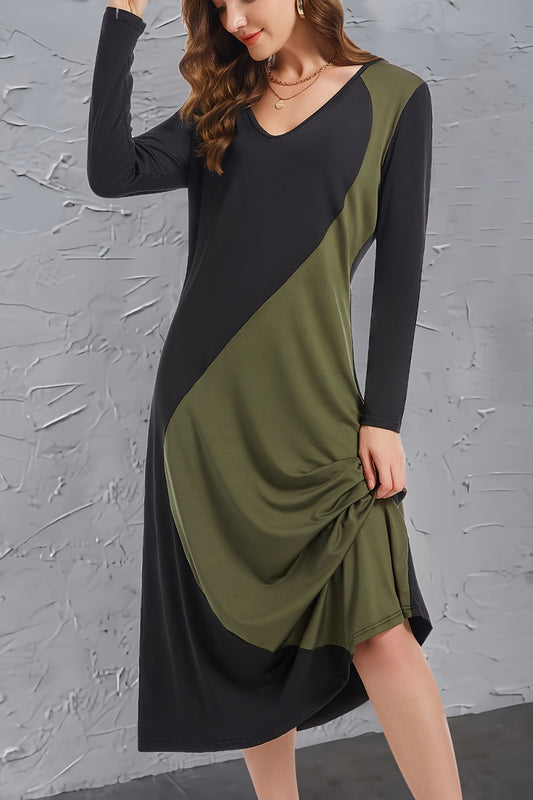 Contrast Long Sleeve Midi Dress-TOPS / DRESSES-[Adult]-[Female]-2022 Online Blue Zone Planet