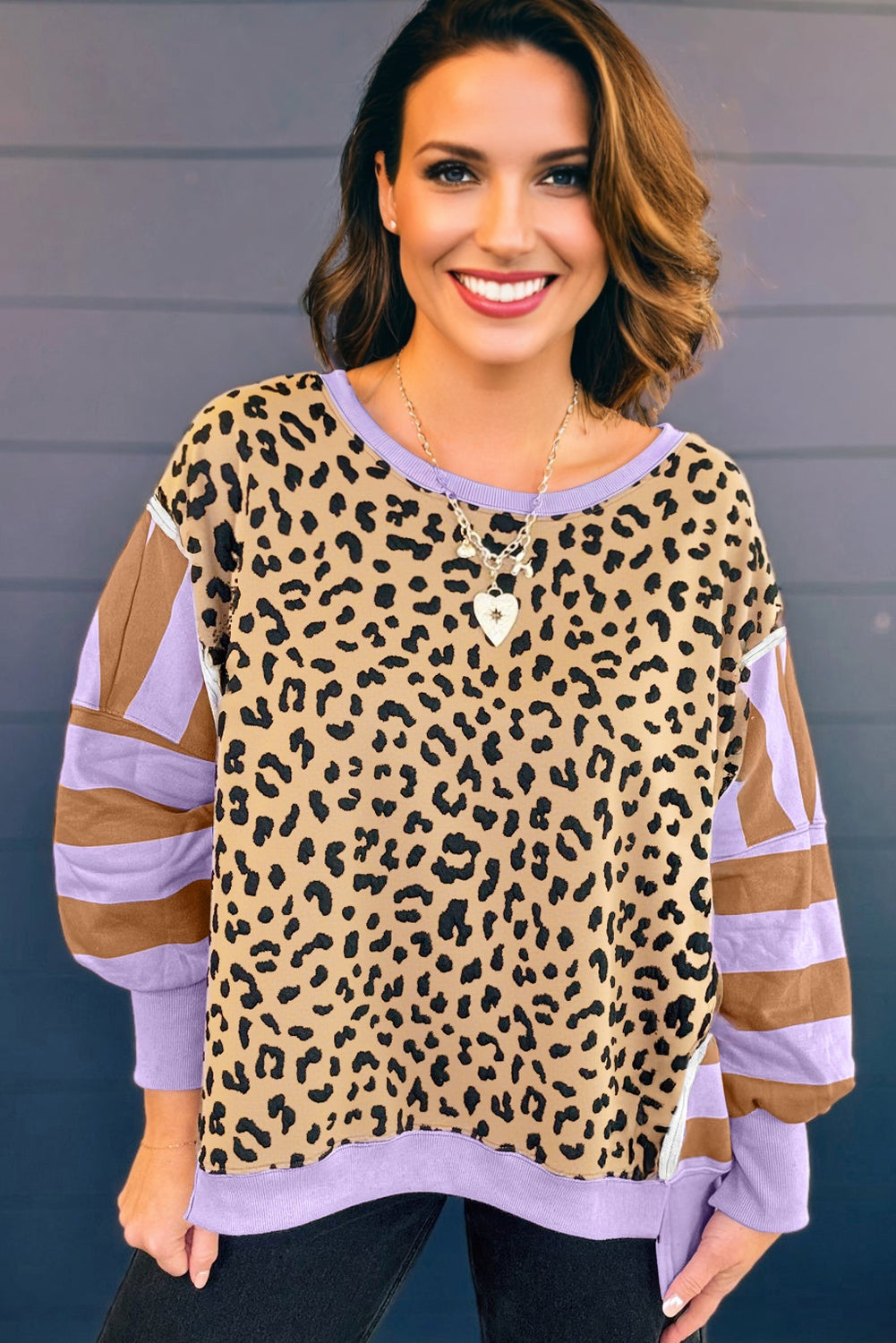 Purple Leopard Striped Patchwork Plus Size Loose Sweatshirt-Plus Size/Plus Size Sweatshirts & Hoodies-[Adult]-[Female]-2022 Online Blue Zone Planet