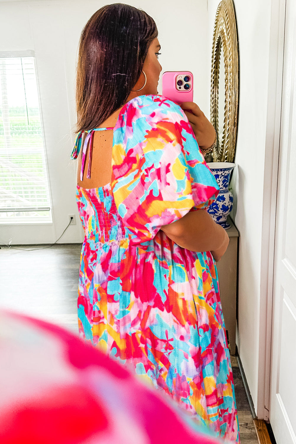 Rose Abstract Printed Puff Sleeve Square Neck Smocked Bust Tied Back Plus Size Dress-TOPS / DRESSES-[Adult]-[Female]-2022 Online Blue Zone Planet