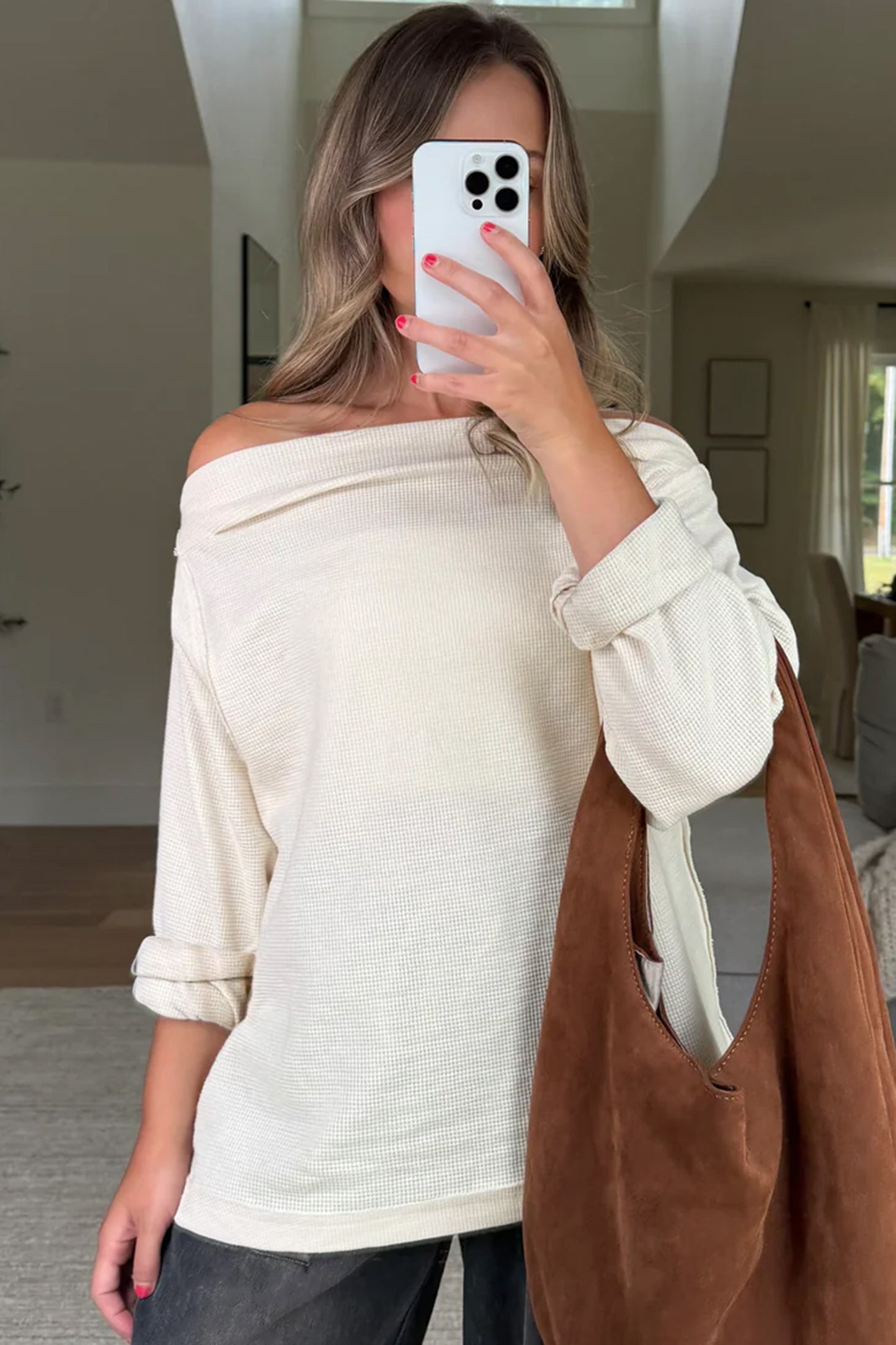 Old Rose Solid Color Waffle Knit Asymmetric Neck Long Sleeve Top-Tops/Long Sleeve Tops-[Adult]-[Female]-2022 Online Blue Zone Planet