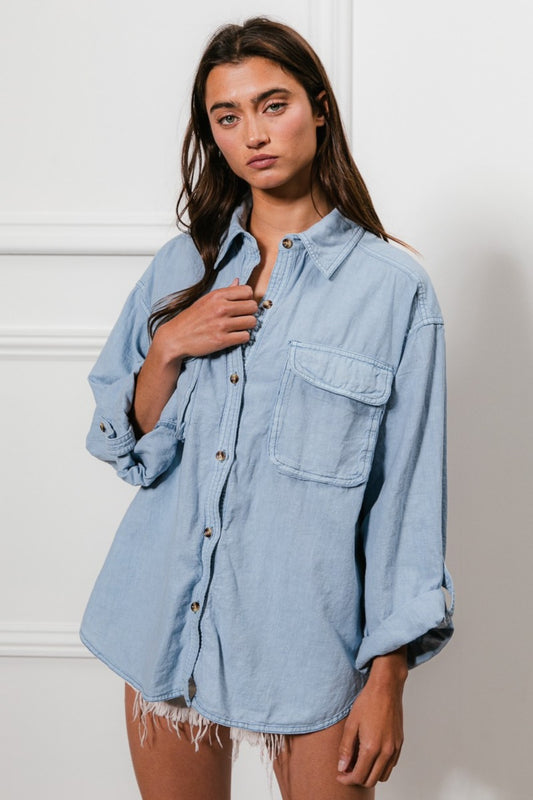 BiBi Button Down Stitch Detail Shirt with Chest Pockets-TOPS / DRESSES-[Adult]-[Female]-Denim-S-2022 Online Blue Zone Planet