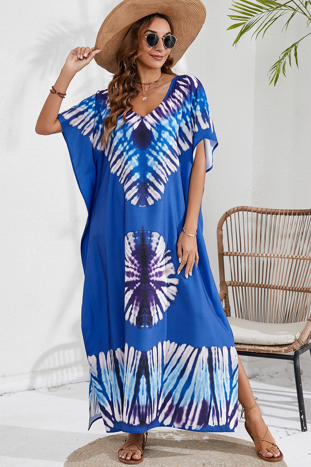 Blue Zone Planet |  Slit Printed V-Neck Short Sleeve Cover Up BLUE ZONE PLANET