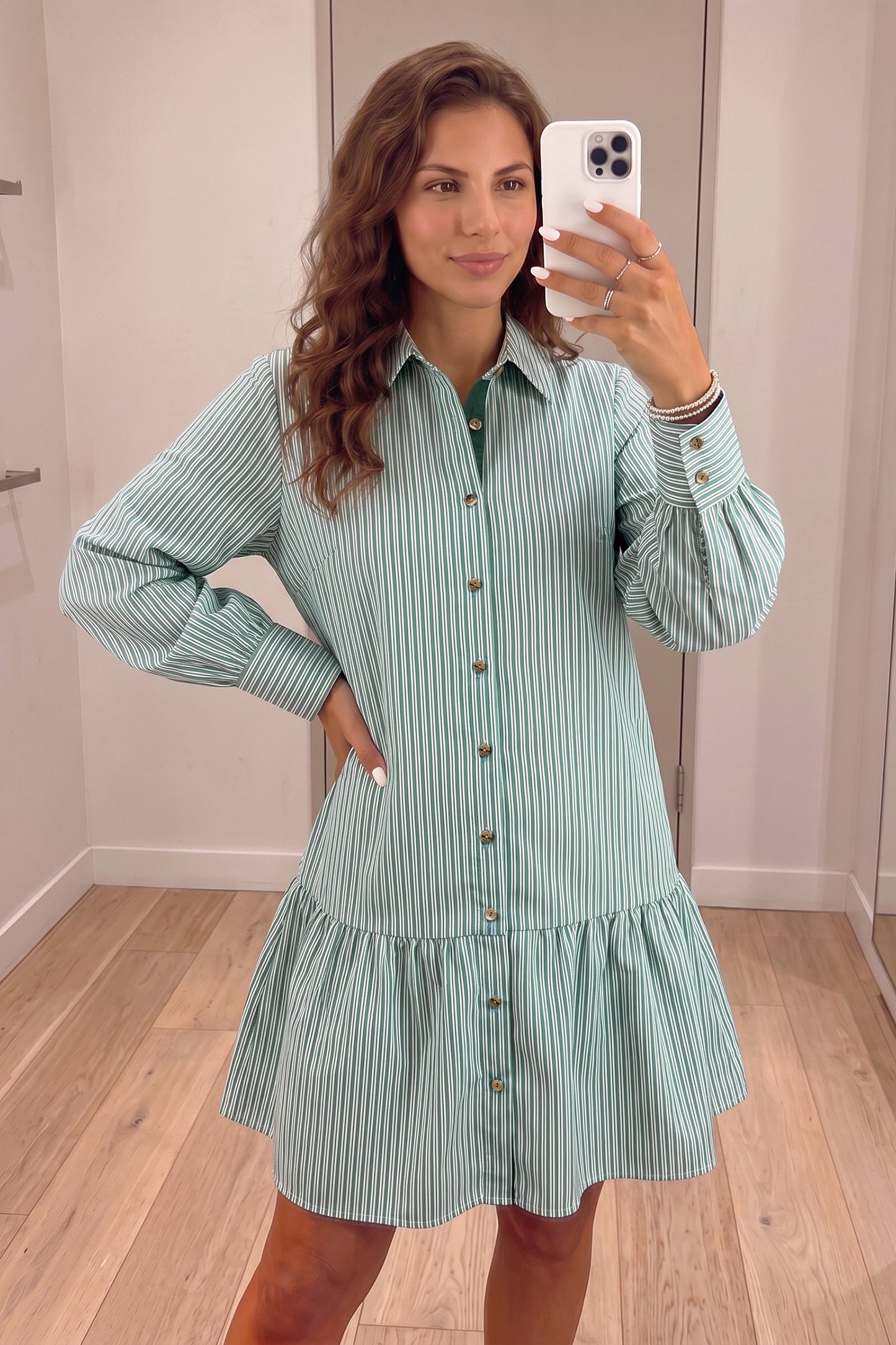 Green Stripe Striped Shift Long Sleeve Dress