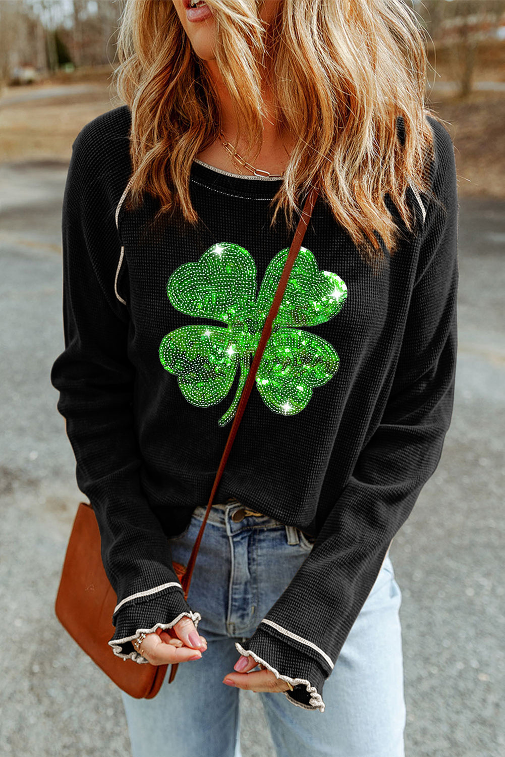 Black Sequin Four Leaf Clover Contrast Lettuce Trim Waffle Graphic Top-Graphic Tees-[Adult]-[Female]-Black-S-2022 Online Blue Zone Planet