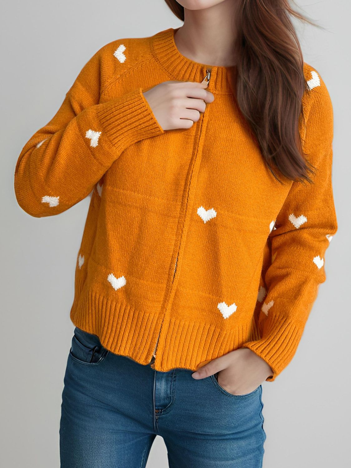 Heart Round Neck Zip Up Cardigan-NEW ARRIVALS-[Adult]-[Female]-2022 Online Blue Zone Planet