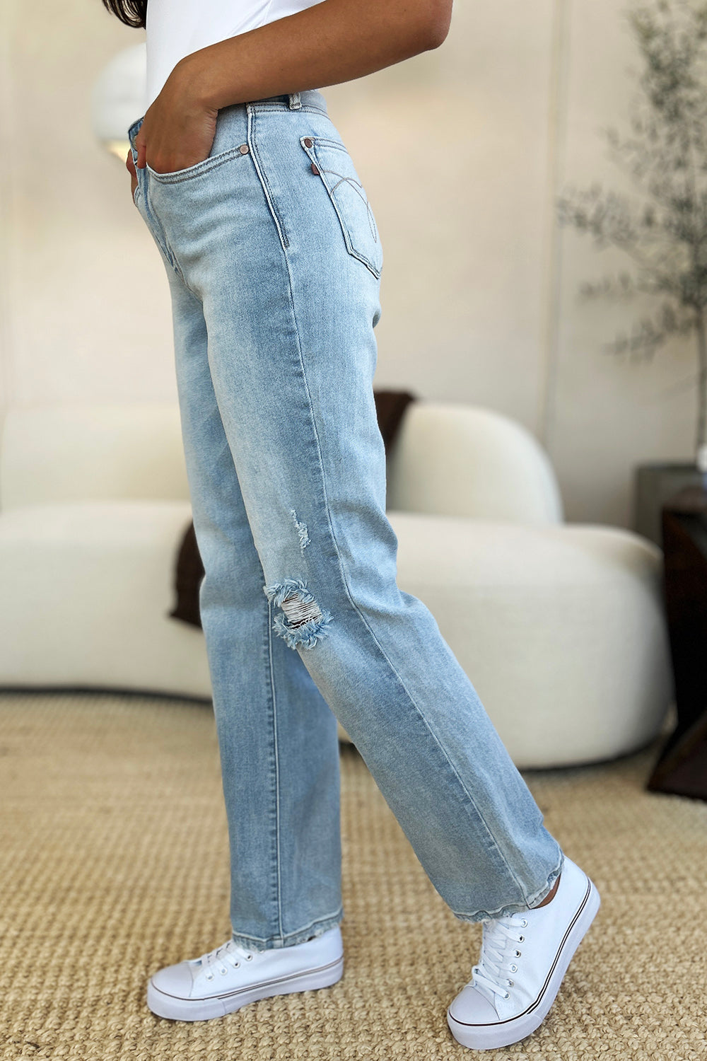 Judy Blue Full Size High Waist Distressed Straight Jeans-BOTTOM SIZES SMALL MEDIUM LARGE-[Adult]-[Female]-2022 Online Blue Zone Planet