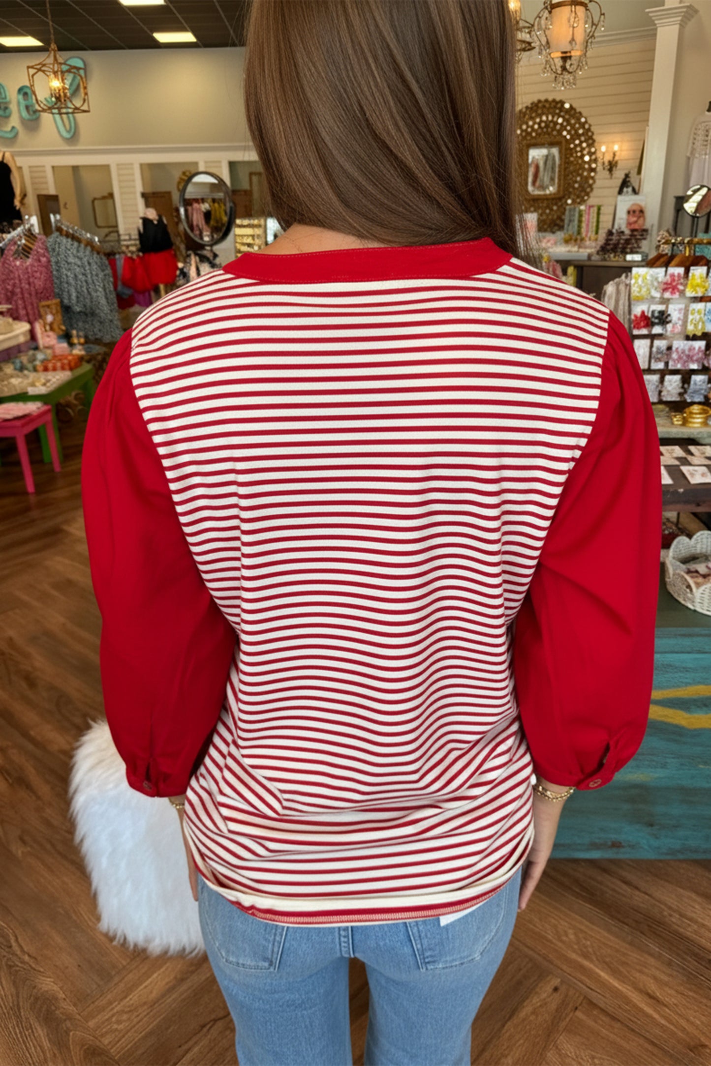 Red Stripe Half Placket V Neck Contrast 3/4 Sleeve Patchwork Top-Tops/Long Sleeve Tops-[Adult]-[Female]-2022 Online Blue Zone Planet