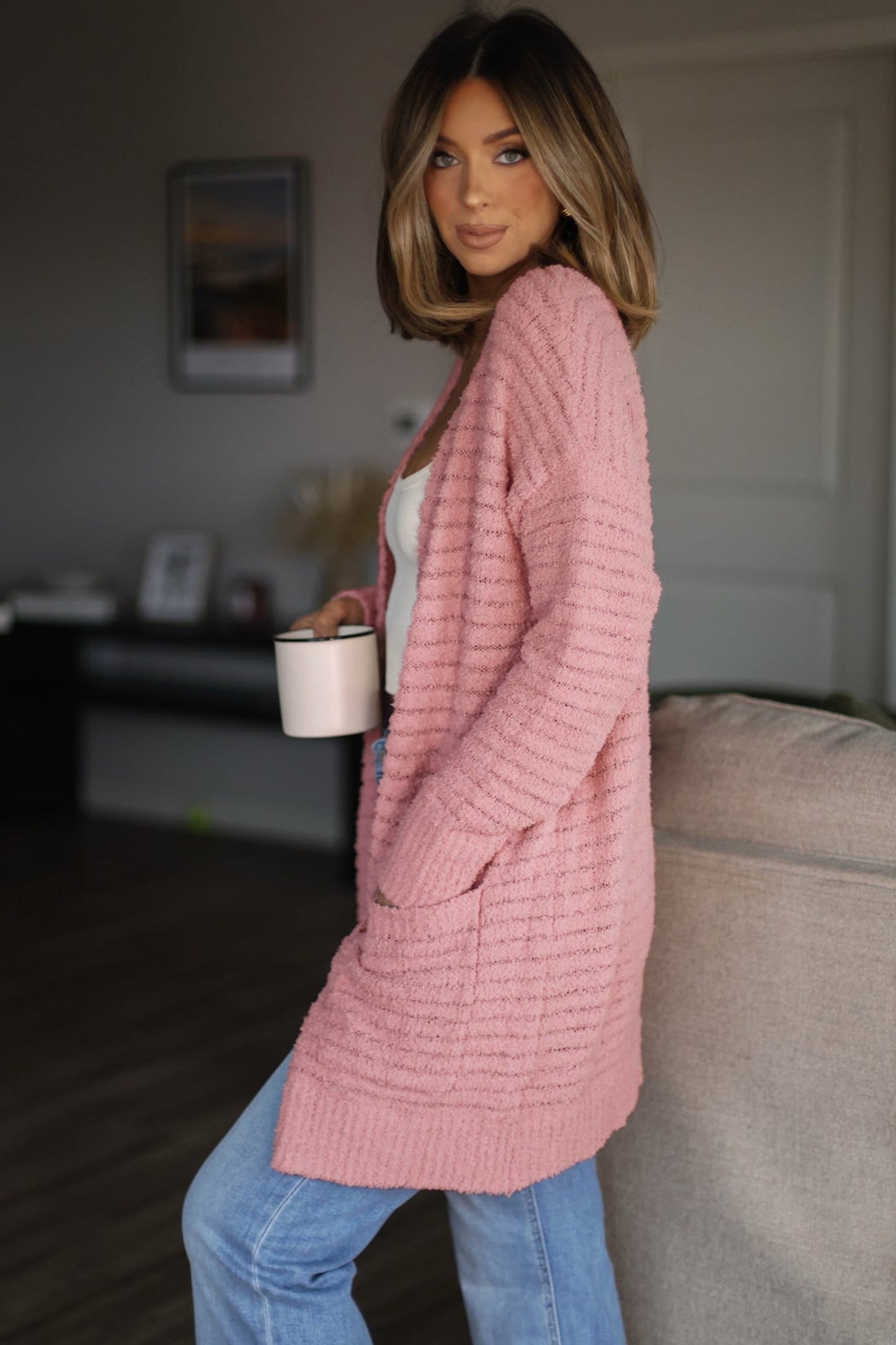 Light Pink Open Front Soft Fuzzy Ribbed Sweater Cardigan-Sweaters & Cardigans/Cardigans-[Adult]-[Female]-2022 Online Blue Zone Planet