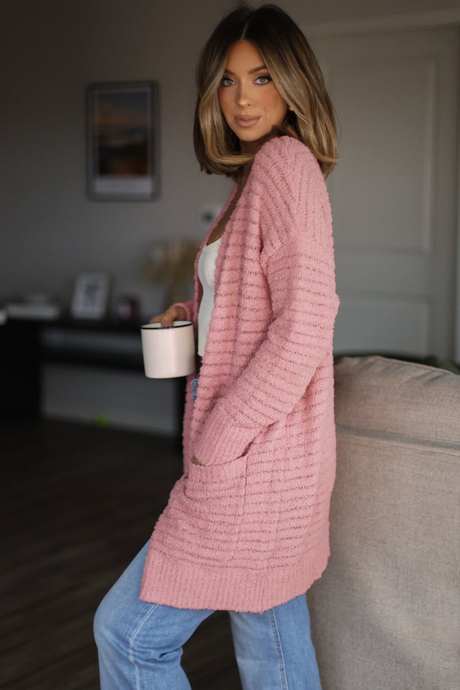 Light Pink Open Front Soft Fuzzy Ribbed Sweater Cardigan-Sweaters & Cardigans/Cardigans-[Adult]-[Female]-2022 Online Blue Zone Planet