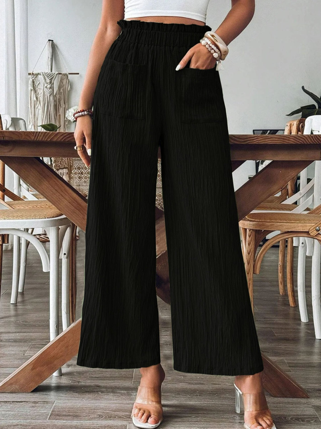 Frill Wide Leg Pants-BOTTOMS SIZES SMALL MEDIUM LARGE-[Adult]-[Female]-Black-S-2022 Online Blue Zone Planet