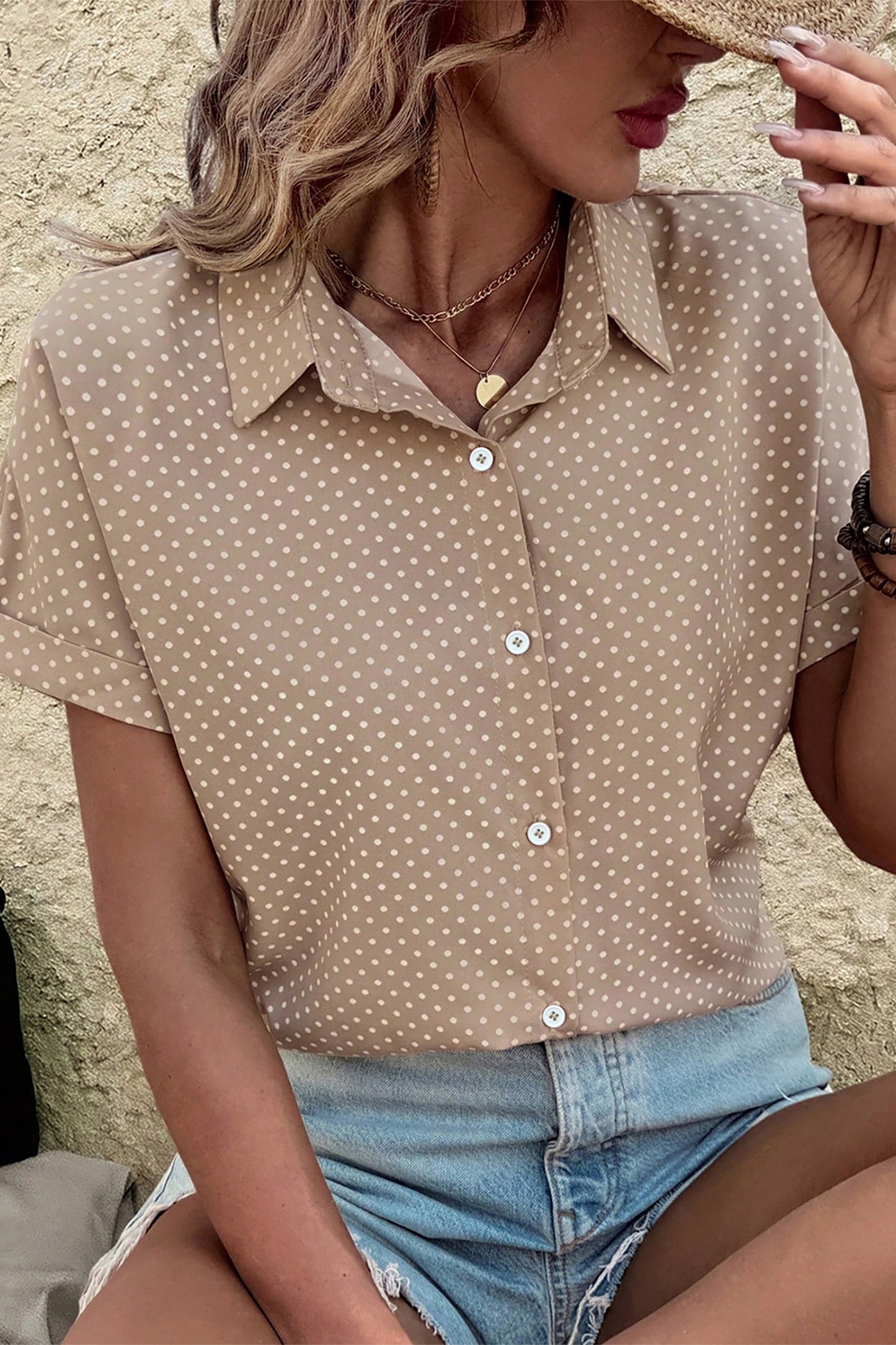 Khaki Dotted Print Cuffed Short Sleeve Shirt-Tops/Blouses & Shirts-[Adult]-[Female]-2022 Online Blue Zone Planet