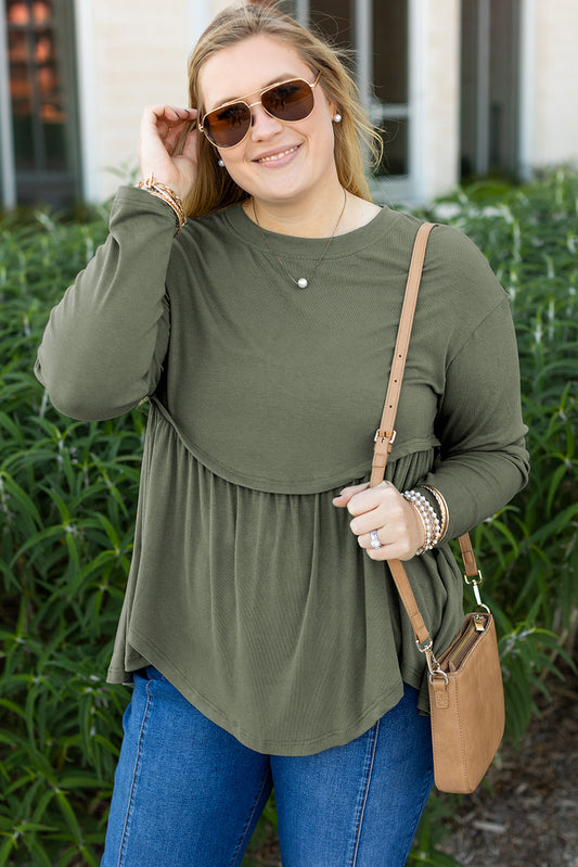 Mist Green Plus Size Thermal Knitted Babydoll Flare Top-Plus Size/Plus Size Tops/Plus Size Long Sleeve Tops-[Adult]-[Female]-Mist Green-1X-2022 Online Blue Zone Planet