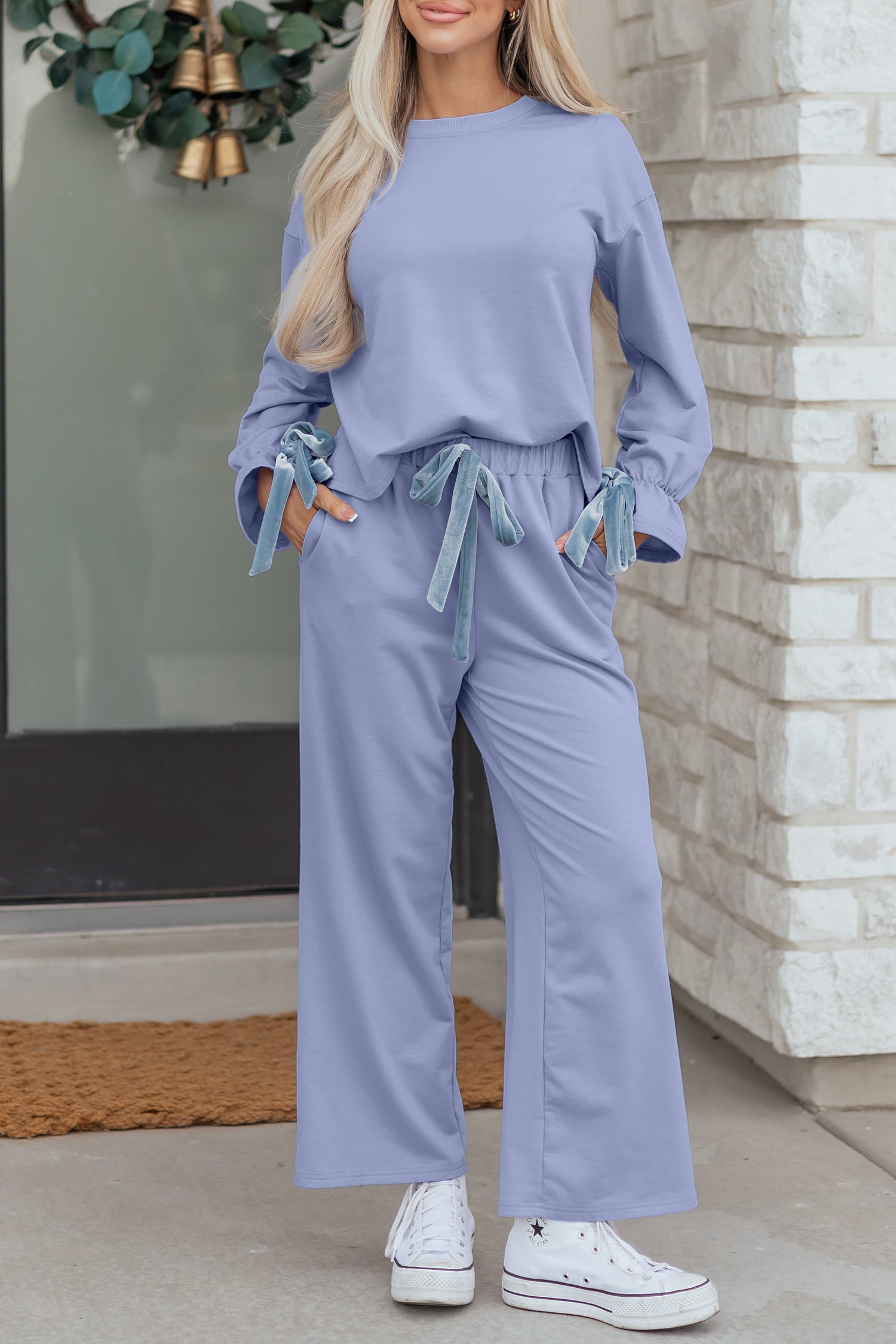 Beau Blue Flounce Long Sleeve Top Drawstring Pants Contrast Velvet Bow Knot 2pcs Lounge Set-Loungewear & Sleepwear/Loungewear-[Adult]-[Female]-2022 Online Blue Zone Planet