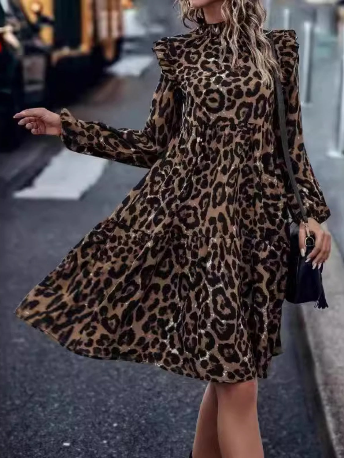 Blue Zone Planet | Ruffled Leopard Mock Neck Long Sleeve Mini Dress-TOPS / DRESSES-[Adult]-[Female]-2022 Online Blue Zone Planet