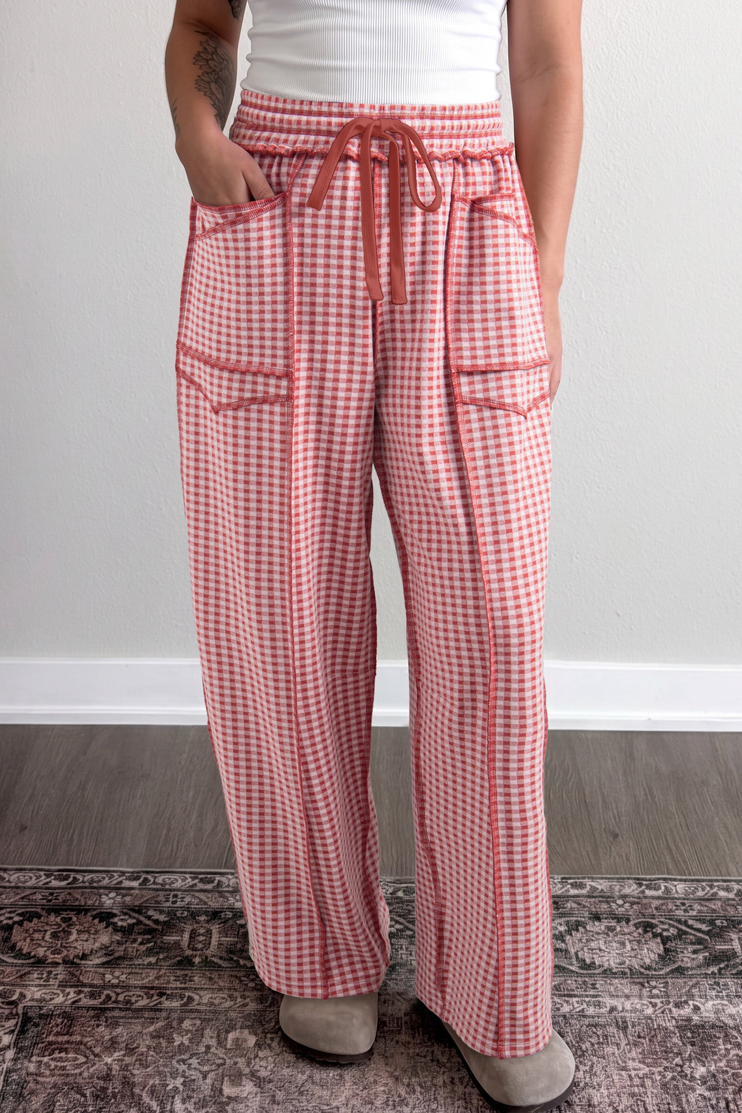 Red Plaid Contrast Trim Drawstring Elastic Waist Shift Pants-Bottoms/Pants & Culotte-[Adult]-[Female]-2022 Online Blue Zone Planet
