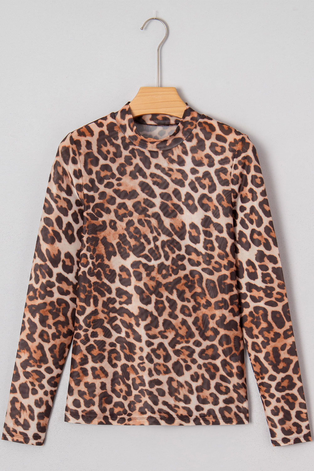 Brown Leopard Mock Neck Long Sleeve Mesh Top-Tops/Long Sleeve Tops-[Adult]-[Female]-2022 Online Blue Zone Planet